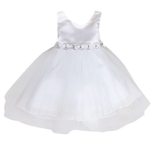 Petite Adele Little Girls White Satin Tulle Tea Length Flower Girl Dress 2-6 - SophiasStyle.com
